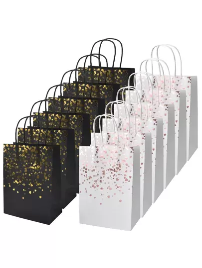 12pcs Small Black & White Kraft Paper Bag (8.27*5.91inch), Bronzing Paper Bag, Cowhide Gift Bag, Handle Party Bag, Shopping Bag, Birthday & Wedding Party Gift Bag Back To School Valentine Day