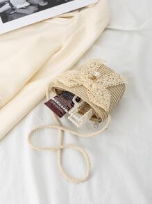 Túi rơm trang trí nơ đáng yêu bên bờ biển Túi đeo chéo thời trang có thể gập lại cho kỳ nghỉ - Màu be - Xem 3