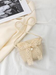 Túi rơm trang trí nơ đáng yêu bên bờ biển Túi đeo chéo thời trang có thể gập lại cho kỳ nghỉ - Màu be - Xem 2