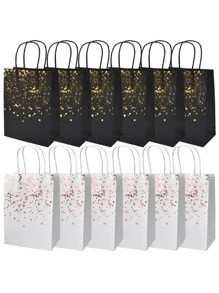 12pcs Small Black & White Kraft Paper Bag (8.27*5.91inch), Bronzing Paper Bag, Cowhide Gift Bag, Handle Party Bag, Shopping Bag, Birthday & Wedding Party Gift Bag Back To School Valentine Day