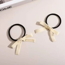 2 件黑色弹性发带，带蝴蝶结细节，可爱情人节情人、发饰、马尾辫、发绳马尾辫夹 - 米色 - 查看 1