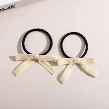 2 件黑色弹性发带，带蝴蝶结细节，可爱情人节情人、发饰、马尾辫、发绳马尾辫夹 - 米色 - 查看 2