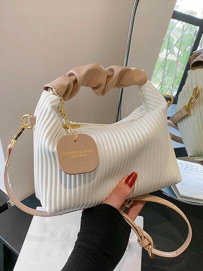 新款時尚簡約通勤格紋折疊編織pu色塊手提袋、肩背包、斜挎包