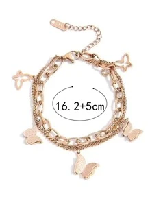 Butterfly Charm Layered Bracelet - Rose Gold - View 4