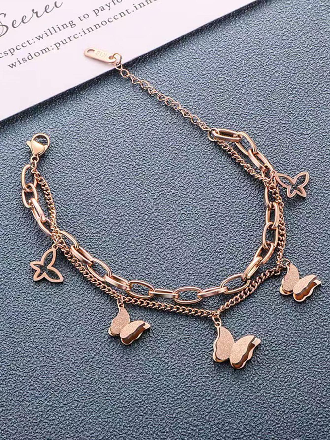 Butterfly Charm Layered Bracelet - Rose Gold - View 1