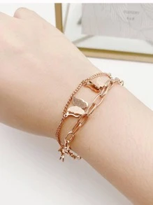 Butterfly Charm Layered Bracelet - Rose Gold - View 2