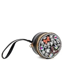 豪華鑽石圓形女士鏈帶斜背包時尚派對手拿包女生錢包和手提包 - 黑色 - 查看 4