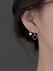 1對復古甜美不對稱中空心形耳環女士約會禮物 - 銀色 - 查看 1