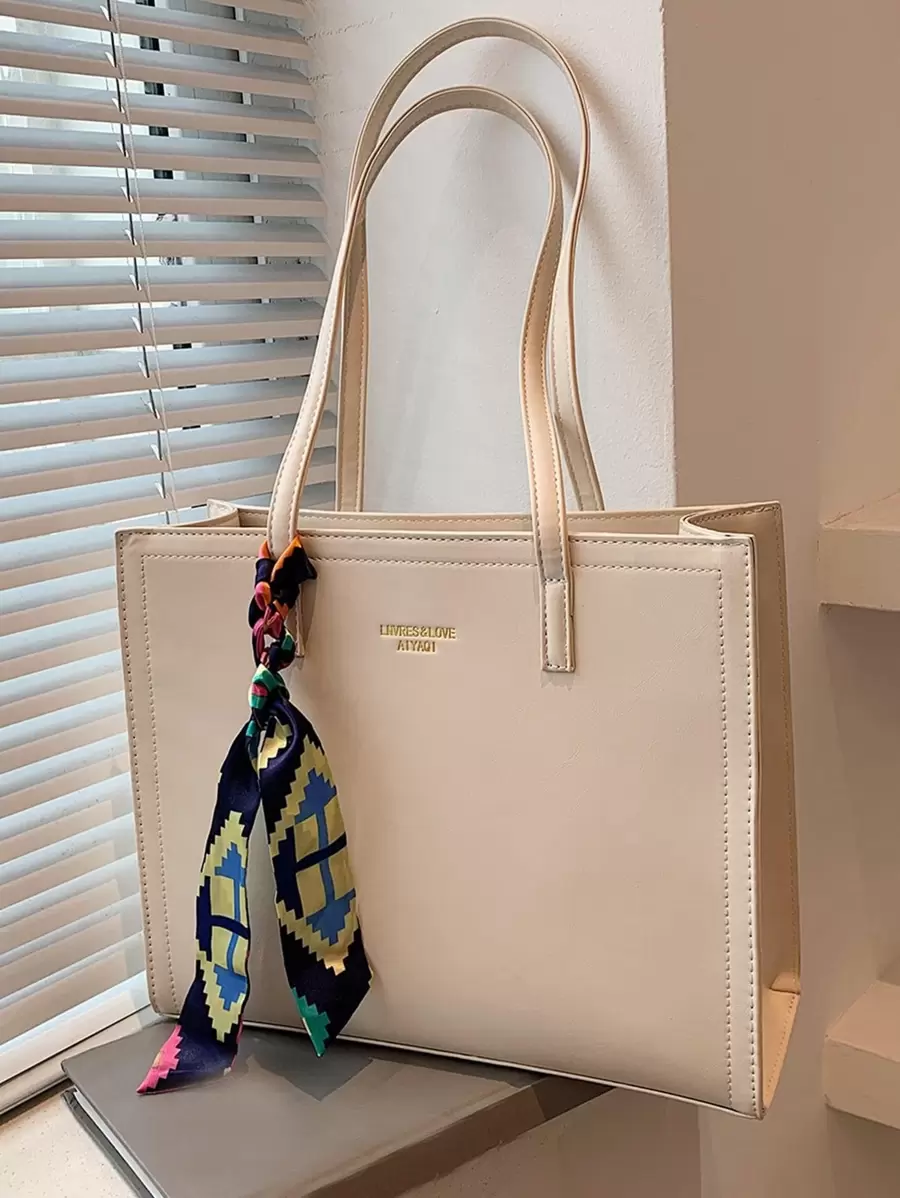 1入組蝴蝶結裝飾純色pu手提包,帶字母印花圍巾飾品,時尚簡潔設計,大容量,適合日常使用,度假和上學,附帶圍巾飾品,適用於女性 - 米色 - 查看 1