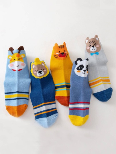 5 Pares/Pacote de Meias de Tripulação com Estampa de Animais Fofos (Panda, Urso, Girafa, Tigre, Cachorro, Listras) para Crianças/Bebês/Recém-Nascidos, Cores Contrastantes, Adequadas para Outono/Inverno e Todas as Estações, para Uso Diário, para Natal