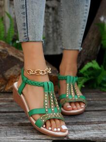 女式波西米亞水鑽坡跟涼鞋，舒適防滑厚底百搭 - 綠色 - 查看 1