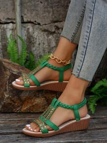 女式波西米亞水鑽坡跟涼鞋，舒適防滑厚底百搭 - 綠色 - 查看 2