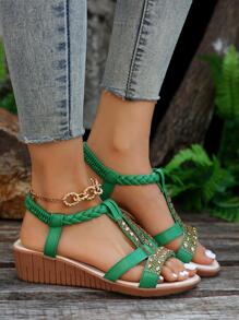 女式波西米亞水鑽坡跟涼鞋，舒適防滑厚底百搭 - 綠色 - 查看 3