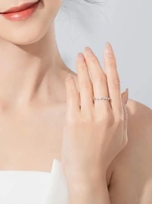 方晶鋯石愛心裝飾銀戒指 - 銀色 - 查看 3