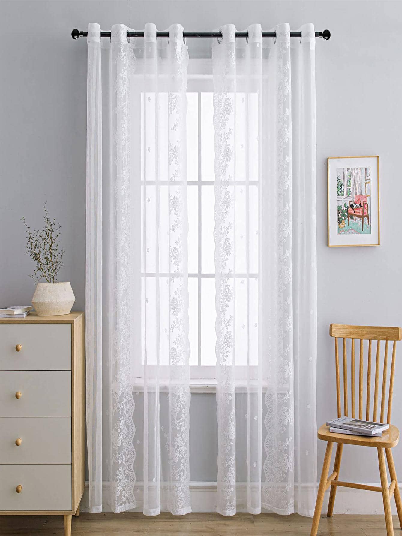 Rèm sheer một tấm thêu hoa, rèm polyester lọc ánh sáng riêng tư cho phòng khách và phòng ngủ - trắng - Xem 1