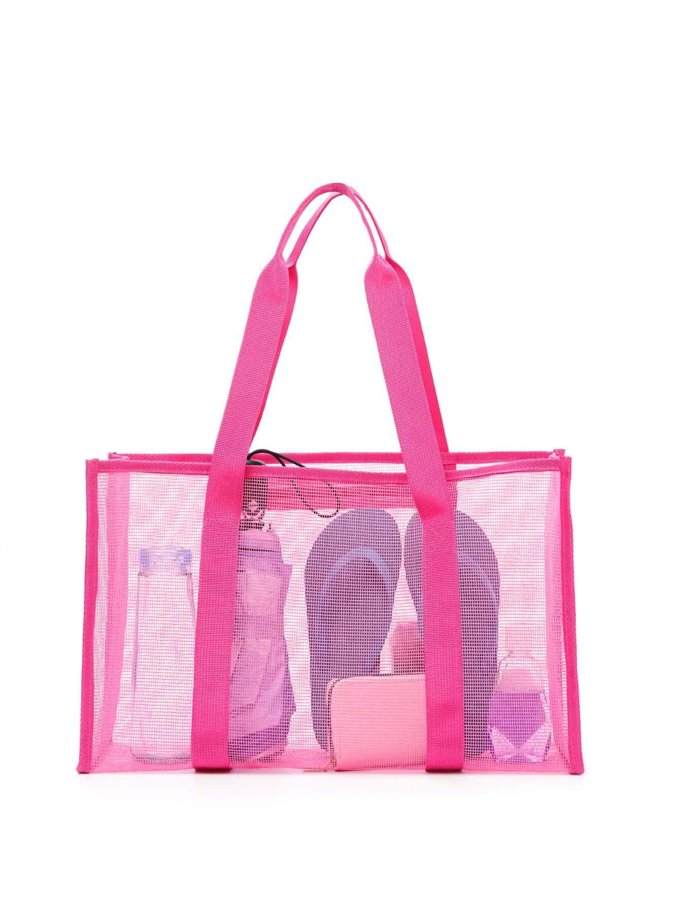 1 Túi Lưới Đi Biển Đa Năng Unisex Dài Dung Tích Lớn Túi Túi Mua Sắm Thích Hợp Cho Nữ Sinh Viên Du Lịch Ngoài Trời Kỳ Nghỉ Thể Thao Bãi Biển Thể Dục - Màu Hồng Tươi - Xem 1