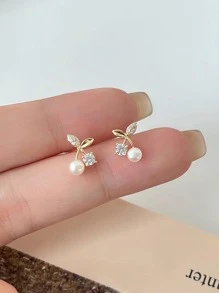 Rhinestone & Faux Pearl Decor Cherry Design Stud Earrings - Yellow Gold - View 5