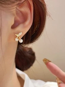 Rhinestone & Faux Pearl Decor Cherry Design Stud Earrings - Yellow Gold - View 3