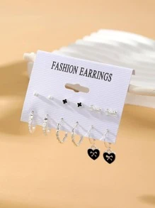VKME 6對夏季清新極簡女款星星與愛心造型垂墜耳環套組 - 銀色 - 查看 2