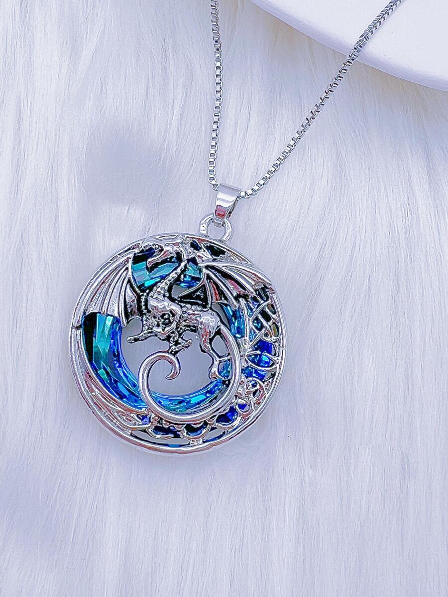 龍裝飾圓形吊墜項鍊 - 彩色 - 查看 1