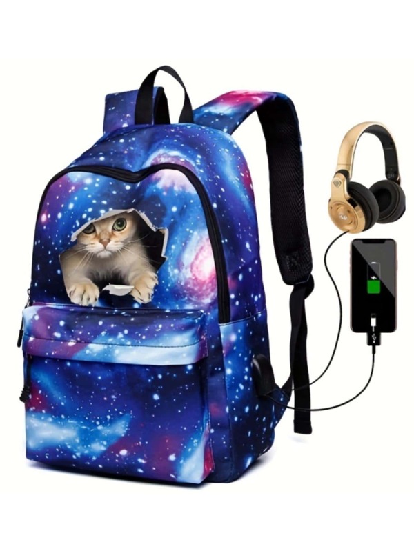 Cute Cat Pattern Backpack With USB Charging Port And Headphone Jack