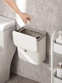 1pc Plastic Striped Wall-Mounted Trash Can, Modern Minimalist Design Home Waste Bin, Suitable For Kitchen And Bathroom,Kitchen,Bathroom,Home,Household Suppliers - White - View 2