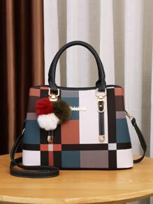Colourblock Letter Graphic Square Bag With Bag Charm - Black - View 5