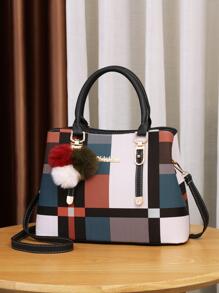Colourblock Letter Graphic Square Bag With Bag Charm - Black - View 1