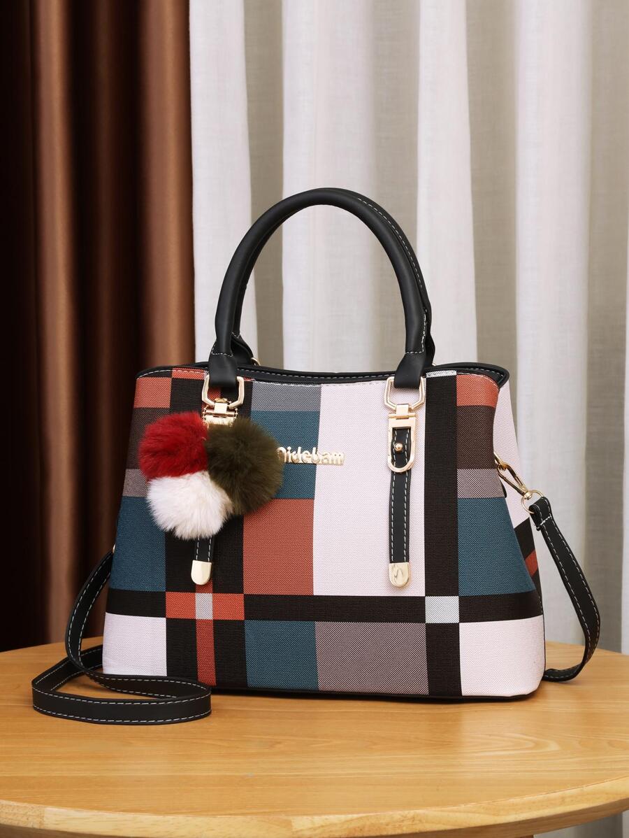 Colourblock Letter Graphic Square Bag With Bag Charm - Black - View 1