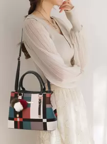 Colourblock Letter Graphic Square Bag With Bag Charm - Black - View 2