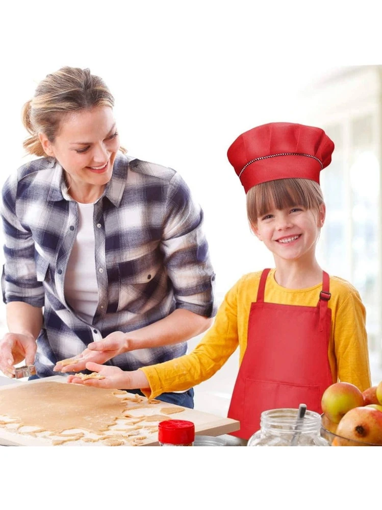 Tablier Enfant Et Chapeau De Chef – Rouge, Réglable, Avec Poche, Pour Enfants De 4 à 12 Ans (taille L), En Polyester, Pour Cuisine Et Peinture
