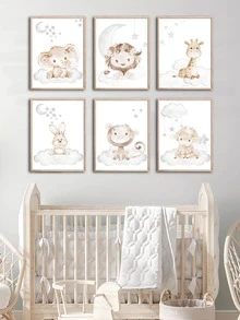 6 bức tranh hoạt hình động vật in có khung - Màu be - Xem 2