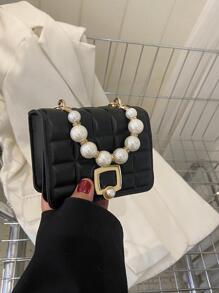 迷你人造珍珠裝飾方包鏈條帶 - 黑色 - 查看 3