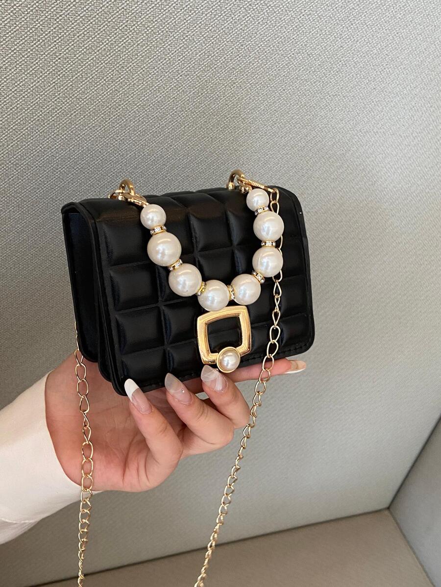 迷你人造珍珠裝飾方包鏈條帶 - 黑色 - 查看 1