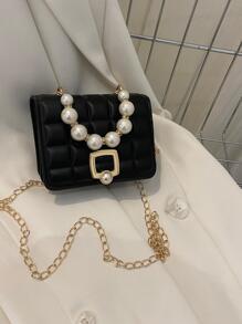 迷你人造珍珠裝飾方包鏈條帶 - 黑色 - 查看 2