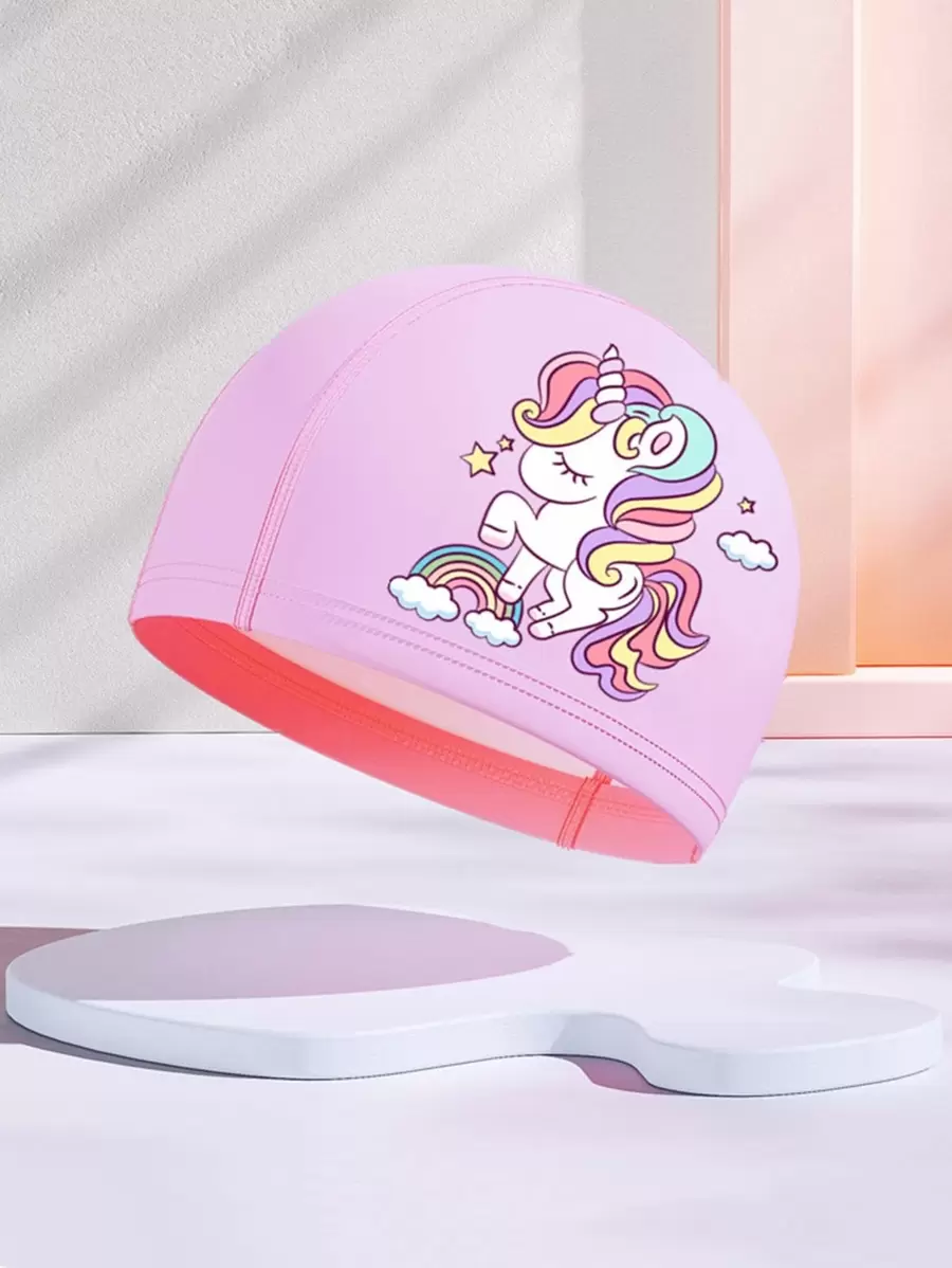 1pc Rainbow & Cartoon Unicorn Pattern PU Swimming Cap, Beach Essentials, Beach Accessories, Pool Float - Pink - View 1