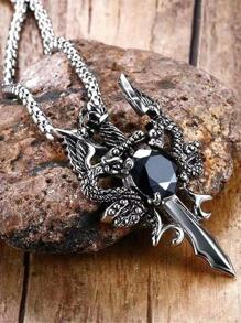 1入組古董銀紅色的寶石雙龍吊墜項鍊適合女士哥特式 - 黑色 - 查看 2