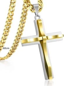 1 件银色和金色金属十字架吊坠项链，男女通用长链项链 - 金色 - 查看 2