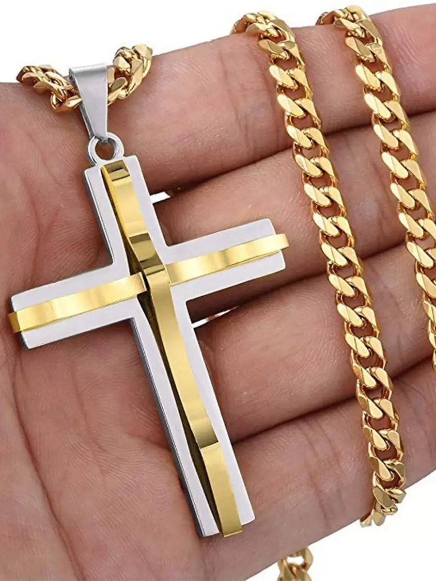 1 件银色和金色金属十字架吊坠项链，男女通用长链项链 - 金色 - 查看 1