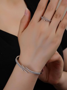 Bracelet And Ring Set Jewelry Suite, Deluxe Zirconia With Shiny Iridescence, Water Ripple Design, Open Cuff Style, Suitable For Gifts, Daily Wear, And Holidays For Women - 銀色 - 查看 4