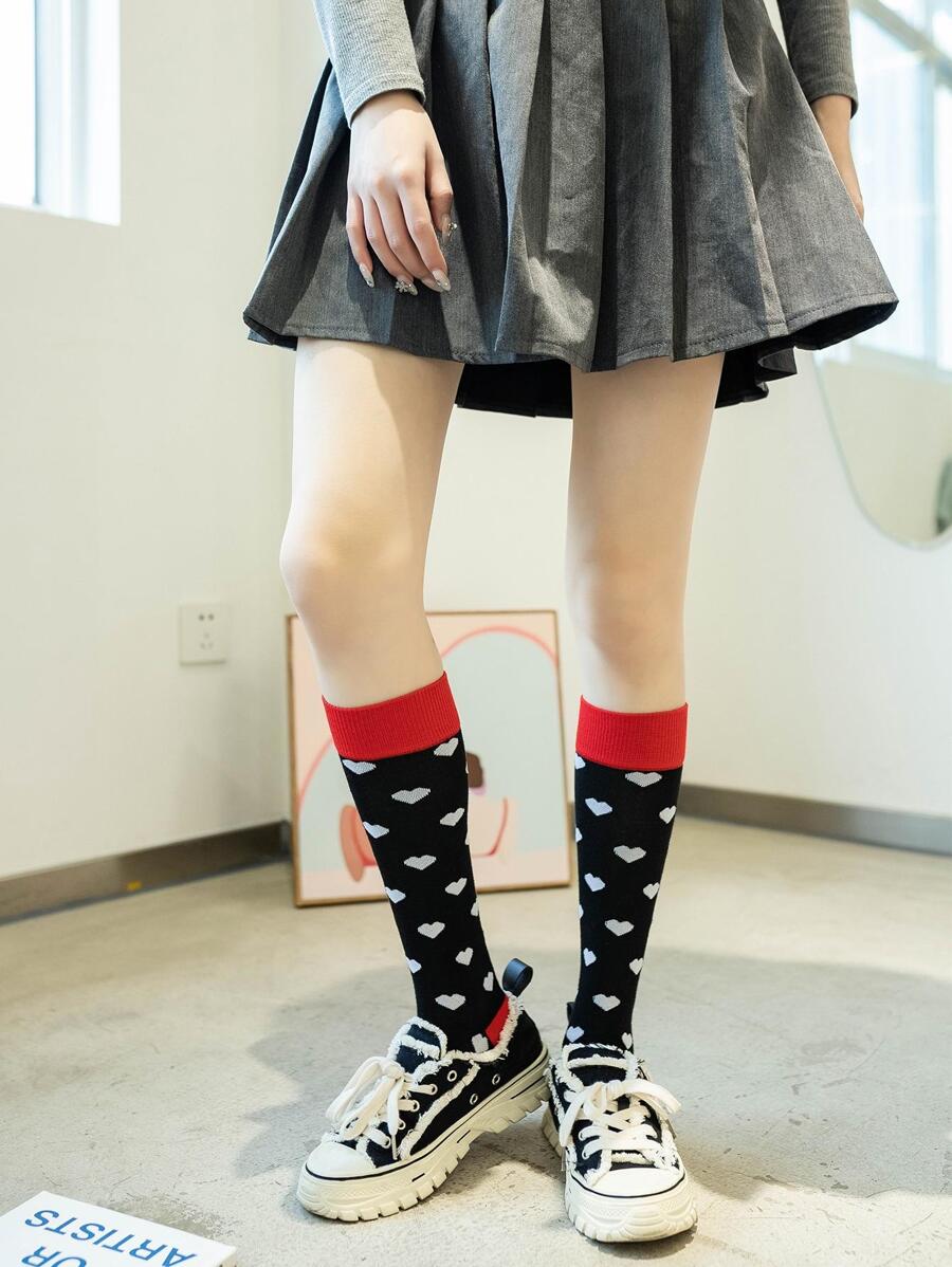 愛心圖案高筒襪 - 彩色 - 查看 1