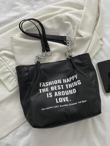 標語圖案鏈條帶單肩包黑色 - 黑色 - 查看 3