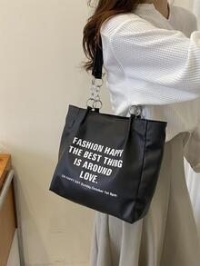 標語圖案鏈條帶單肩包黑色 - 黑色 - 查看 2