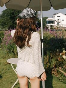 Lace Ruched One Piece Swimsuit With Kimono Summer - White - View 6