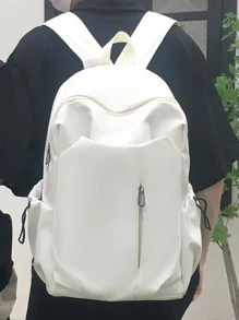 Minimalist Casual White Backpack With Zipper - White - View 2