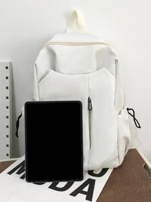 Minimalist Casual White Backpack With Zipper - White - View 6