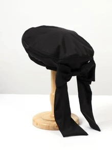 1入組女士素色蝴蝶結裝飾時尚貝雷帽適用於日常生活 - 黑色 - 查看 1