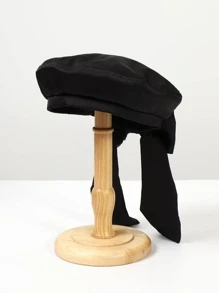 1入組女士素色蝴蝶結裝飾時尚貝雷帽適用於日常生活 - 黑色 - 查看 4