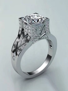 1入組奢華方晶鋯石戒指適合女士適合婚禮訂婚儀式首飾類情人節禮品 - 銀色 - 查看 1