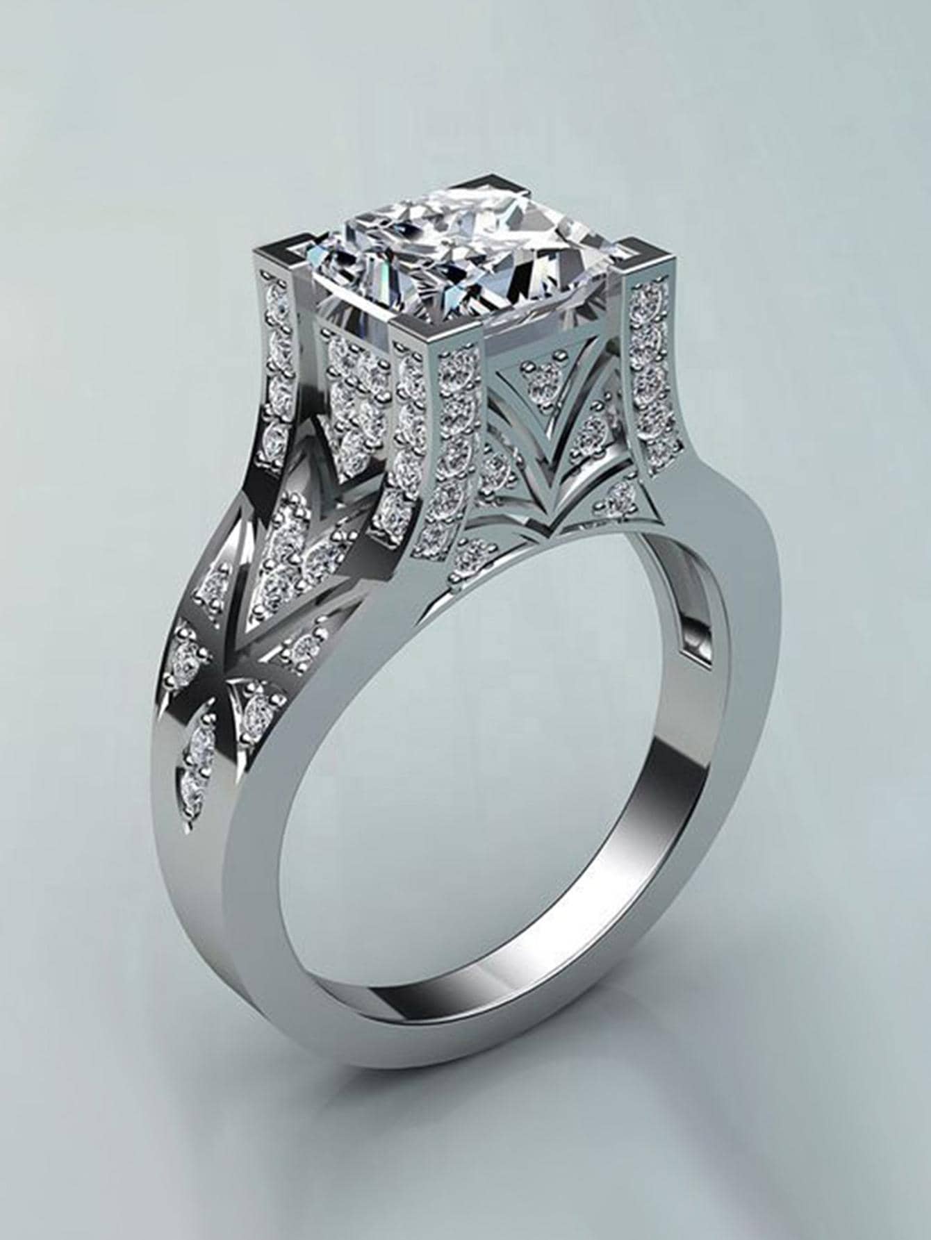 1入組奢華方晶鋯石戒指適合女士適合婚禮訂婚儀式首飾類情人節禮品 - 銀色 - 查看 1